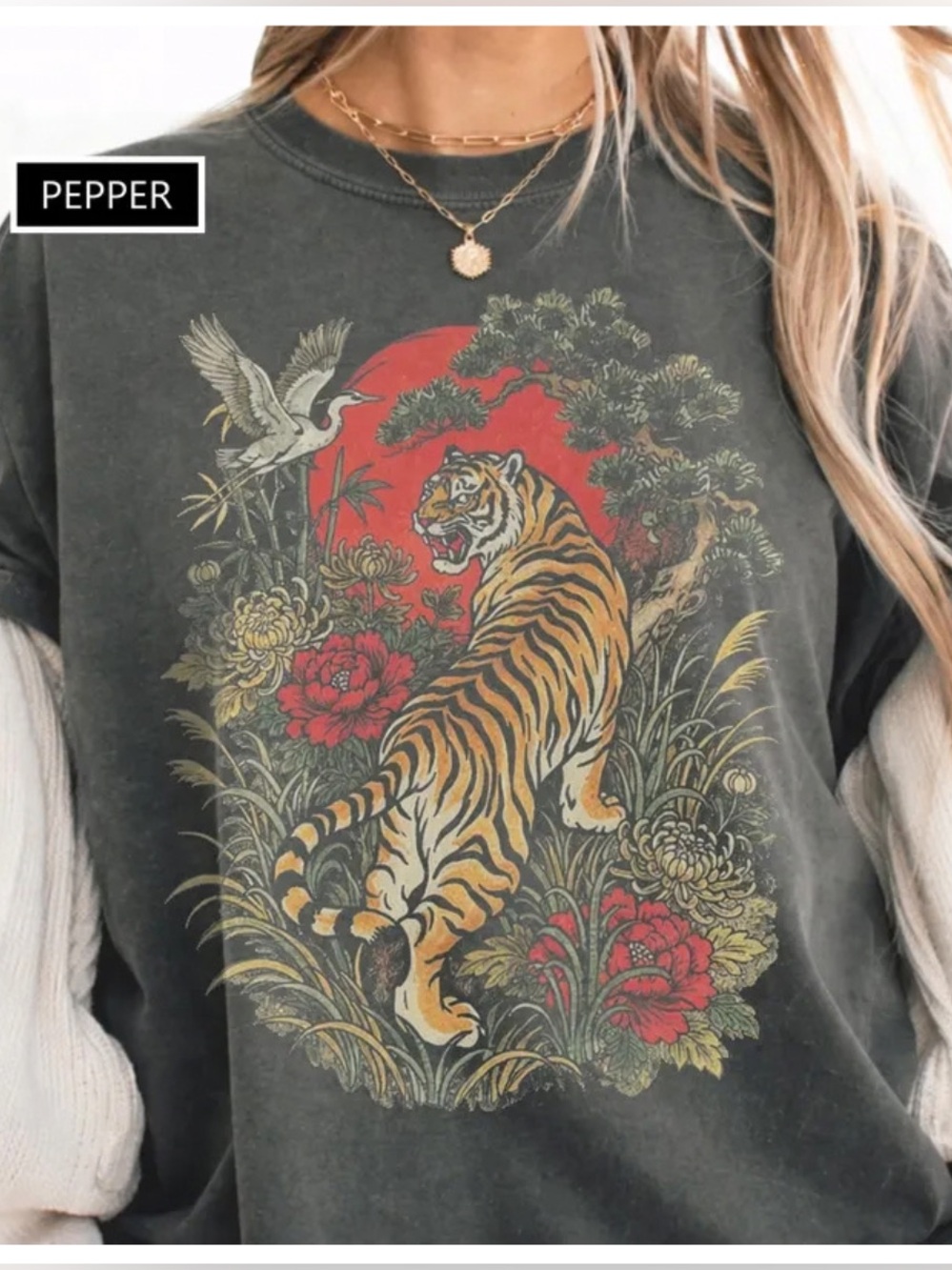 Japanese Tiger T-Shirt, Vintage Tiger Floral Tee, Boho Style And Animal Print